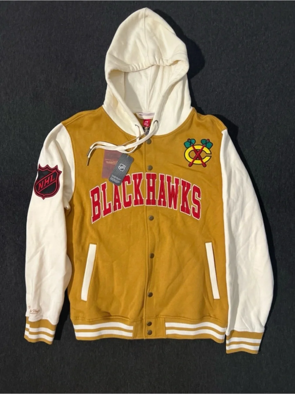 Mitchell & Ness Blackhawks Hooded Varsity Jacket in Gold & White